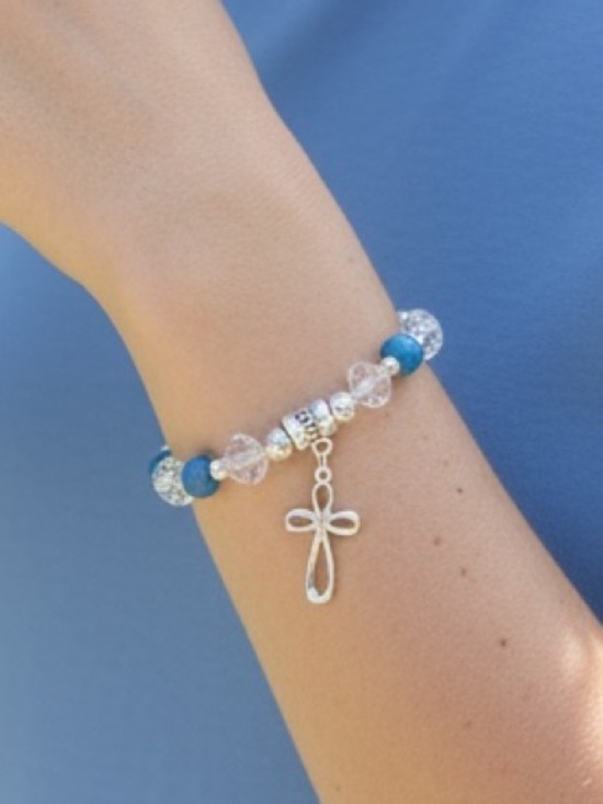 Hand Crafted Jewelry - HAND CRAFTED CRYSTAL & INFINITY CROSS STRETCH BRACELET Blue, Clear, & Silver